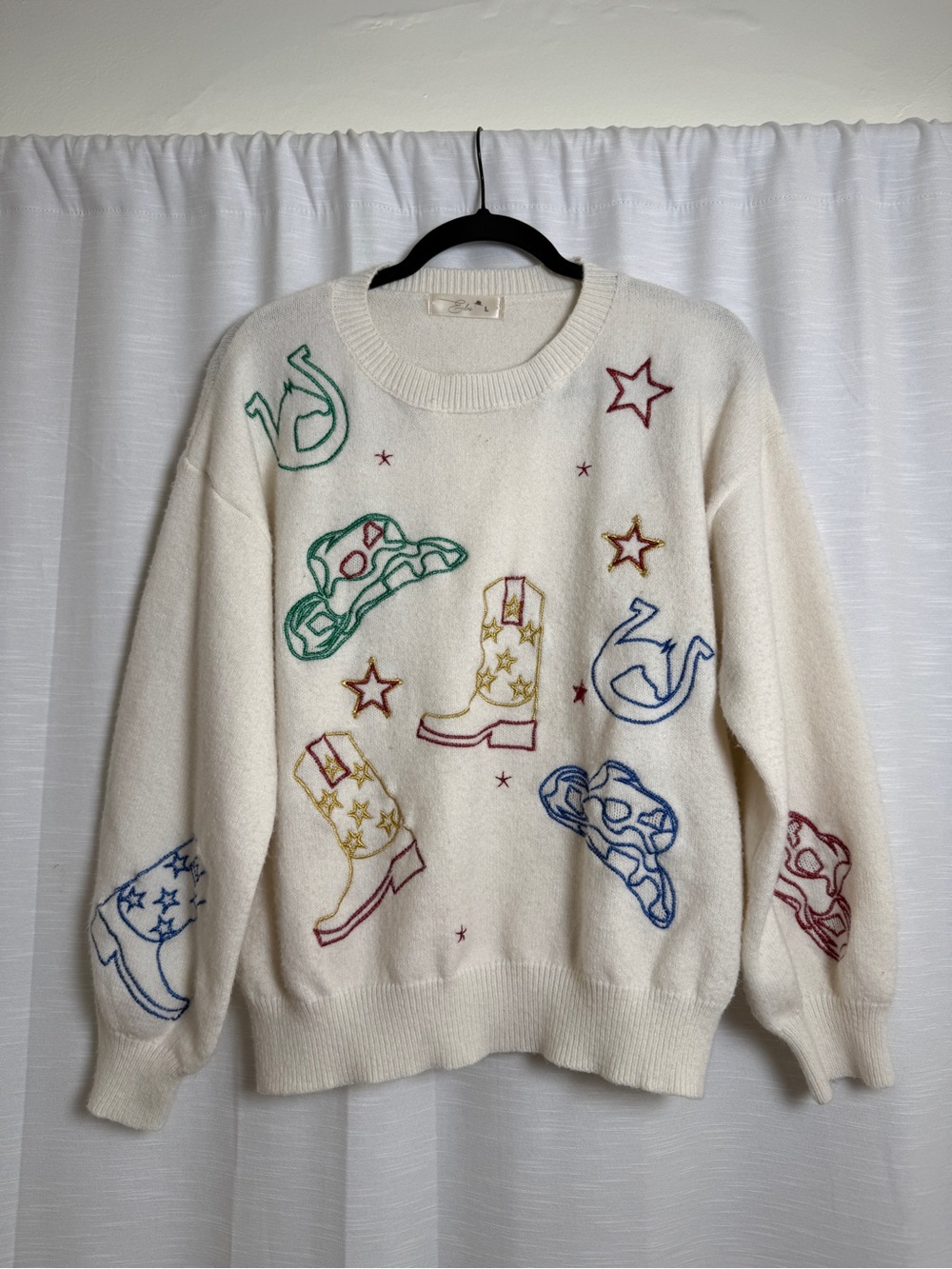 Eloise Raye Howdy Metallic Embroidered Western Cowboy Sweater Cream | Size S - Picture 6 of 13